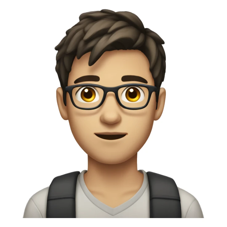 a 18 years old boy/man, programmer, with dark brown hair , semi white skin tone, with glasses and short hair and no beard sticker