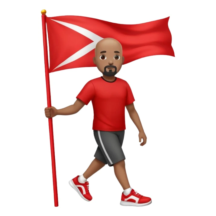 Bald black man with a white goatee in sneakers carrying a red flag sticker