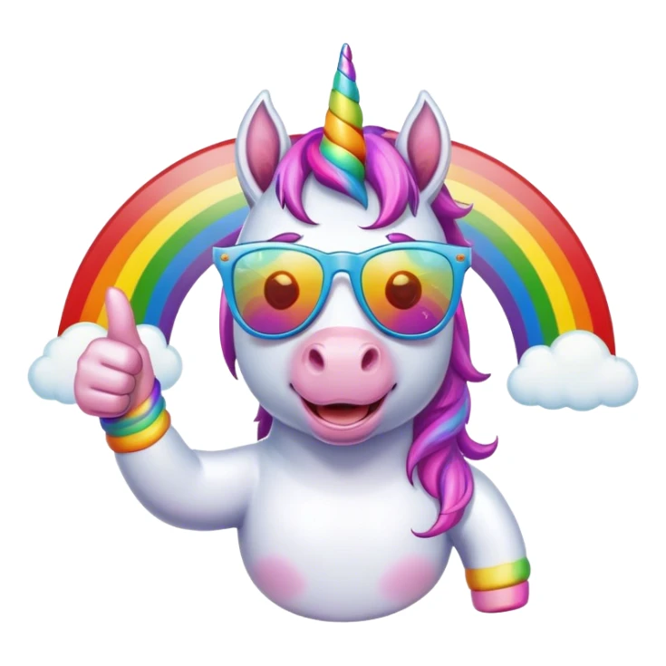 Unicorn with sunglasses on rainbow with thumbs up sticker