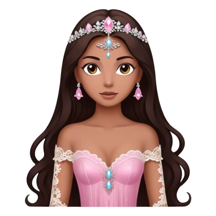 enchantress goddess wearing a embellished shimmering light powder white lace and swarovski pink gown with tanned skin and super long dark brown hair sticker
