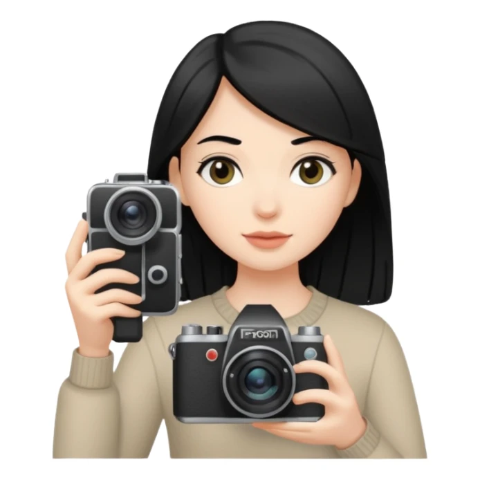 White girl, straight black hair taking photos with a camara sticker