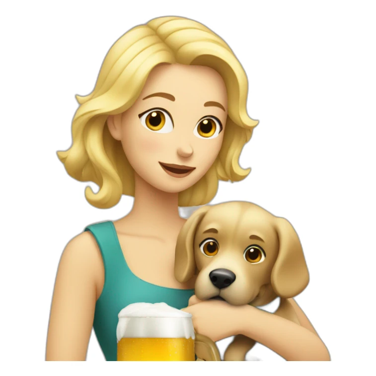 A blond women drinking beer with a dog in her arms sticker