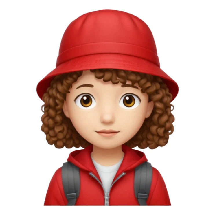 Little student brown curly hair, wears red bucket hat and jacket, backpack, shy sticker