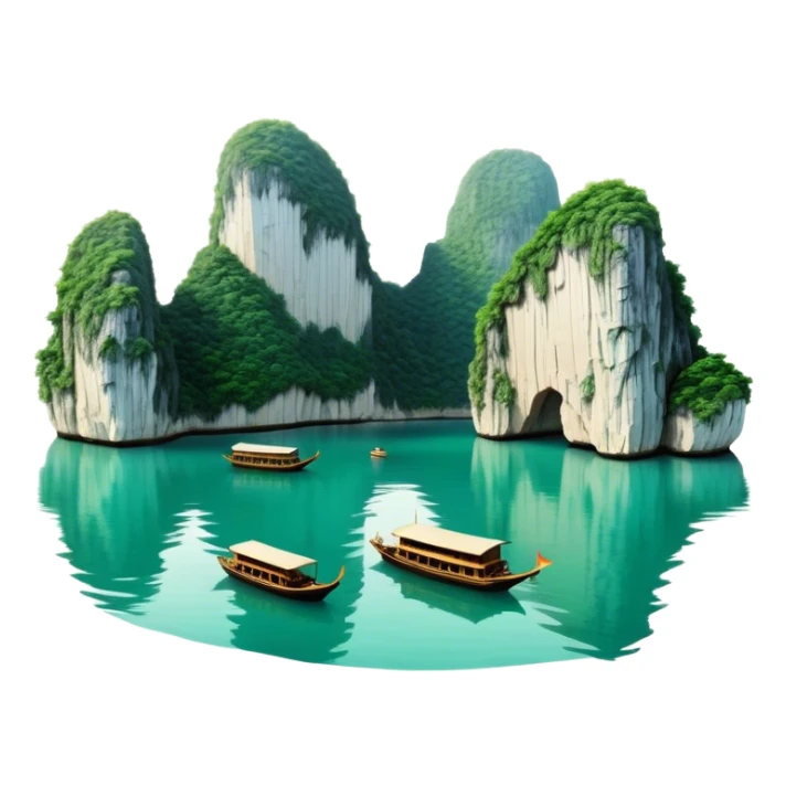 Cinematic Realistic Ha Long Bay Landscape Emoji, depicted with limestone karsts emerging from emerald waters rendered with intricate detail and dynamic natural lighting. sticker