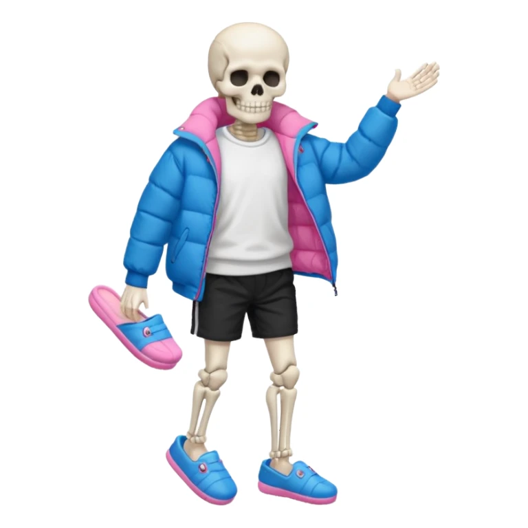 A skeleton with a white shirt blue puffer black shorts and pink slippers sticker