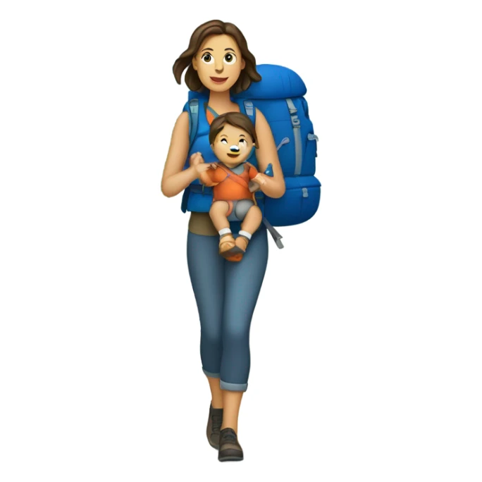Brunette white Woman hiking with a baby in a blue backpack carrier sticker