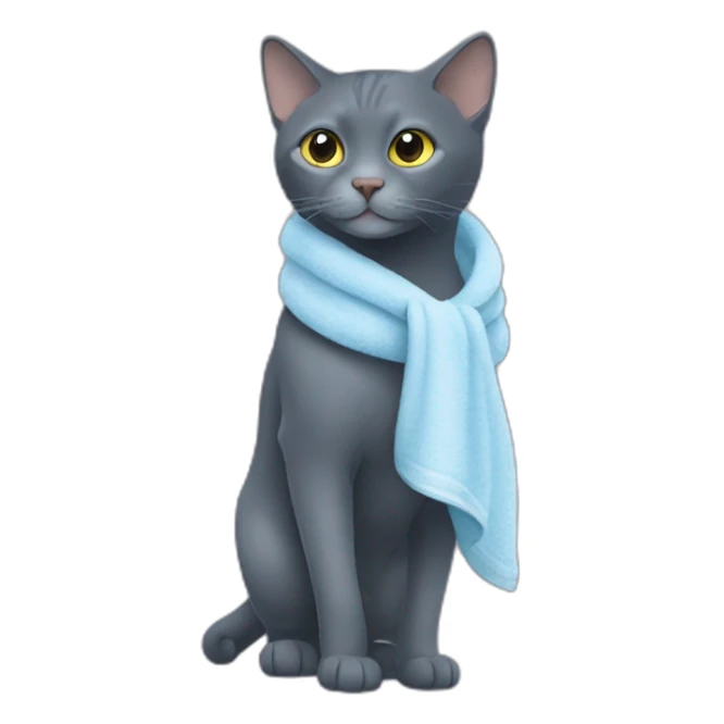 a darker russian blue cat walks with a towel on his mouth sticker
