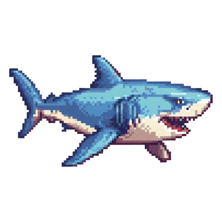 a shark in pixel art style, retro and blocky sticker