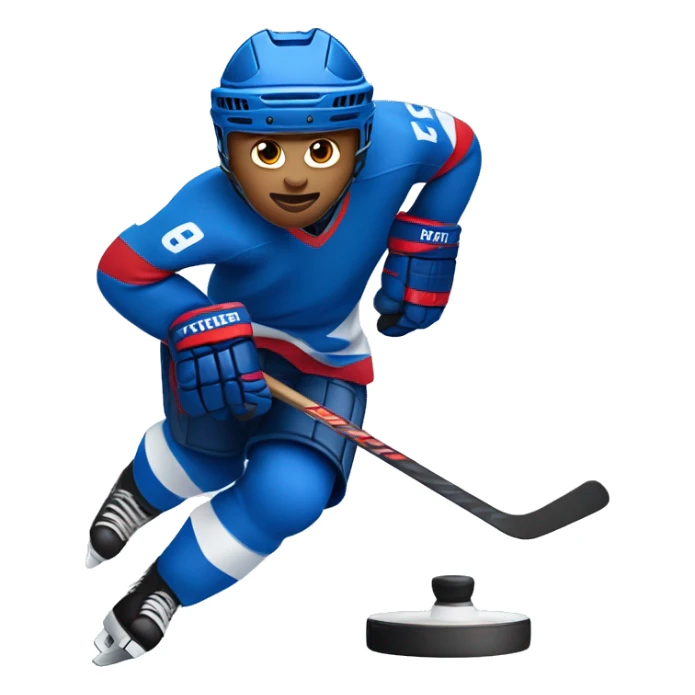 A hockey player in a blue-white-red uniform runs with a puck sticker