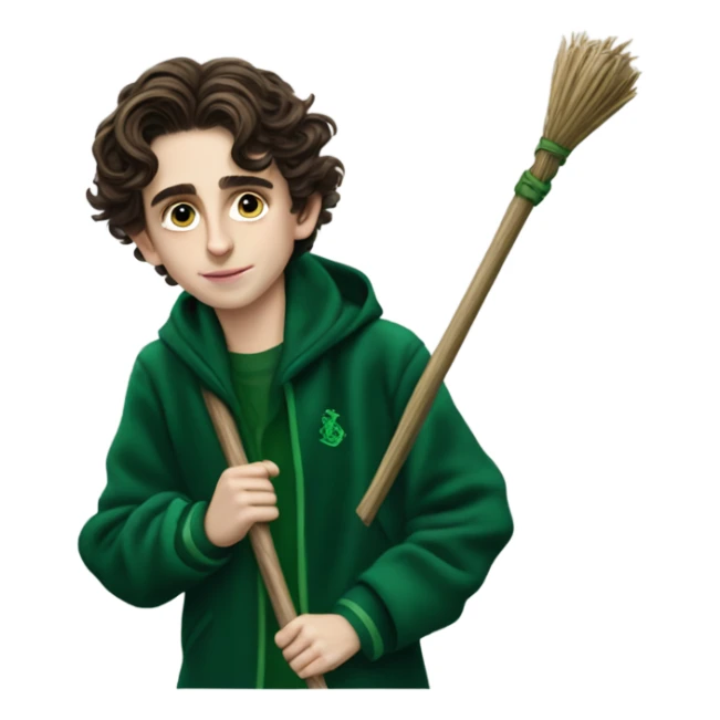 Timothee Chalamet wearing a Slytherin jacket and Riding a broom sticker