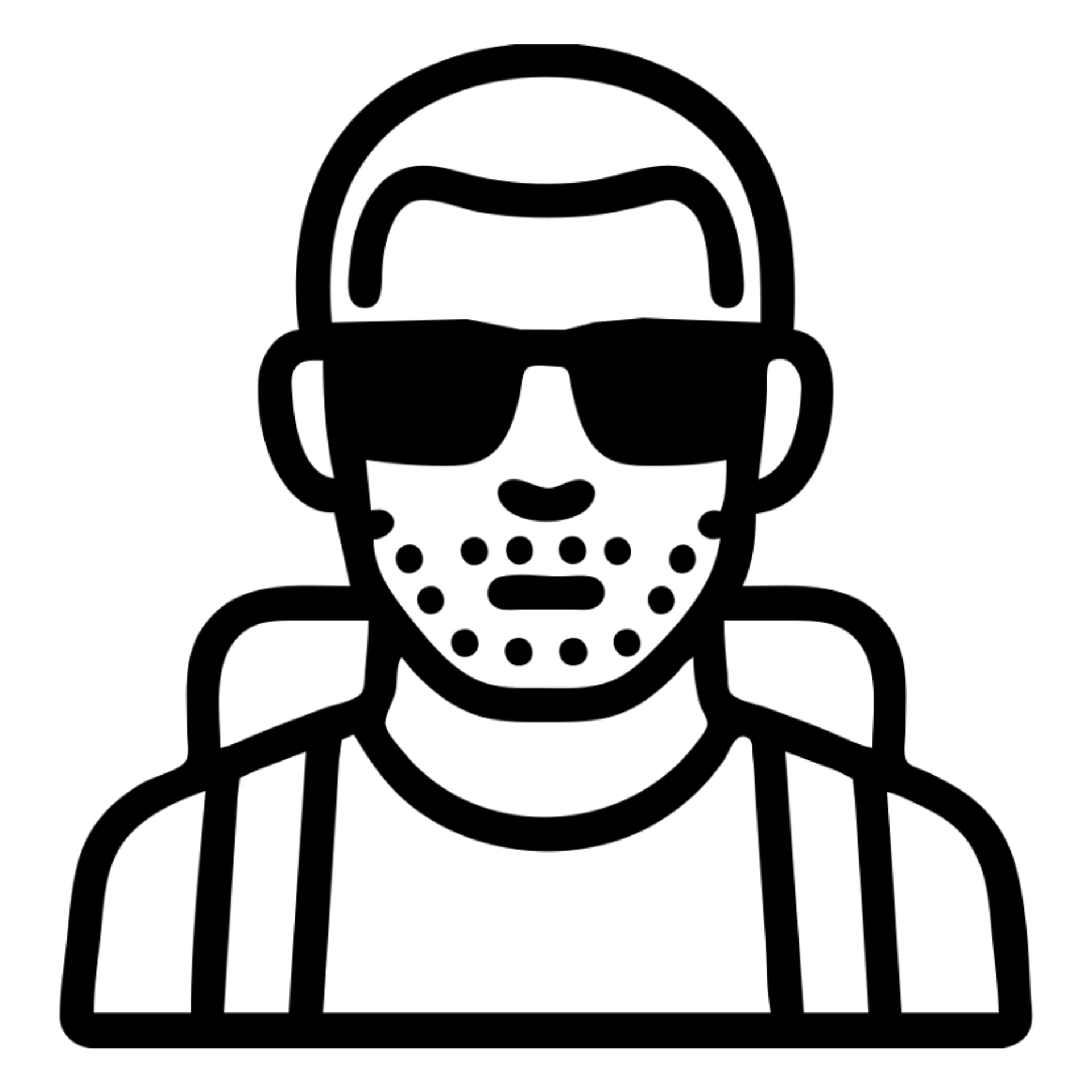 a bold man with stubble, ultra short hair, squared dark glasses, blue eyes, traveler, flat icon style sticker