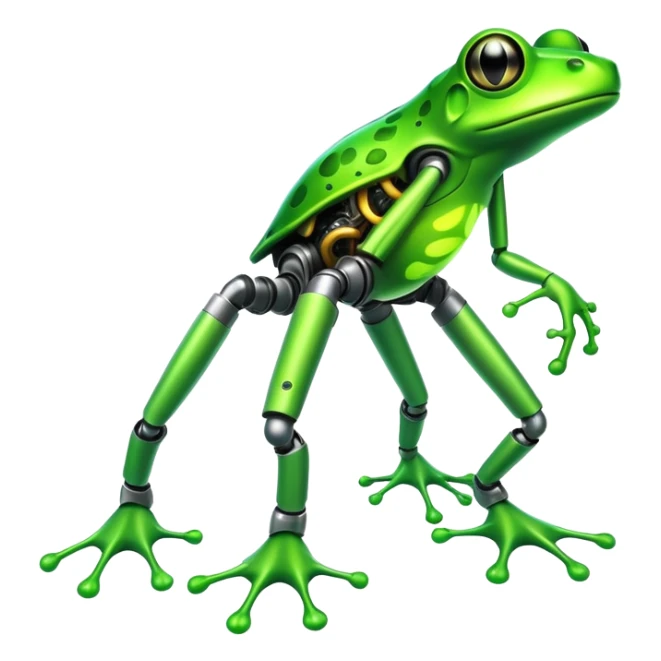 mutant frog with mechanical leg and toxic green glow sticker