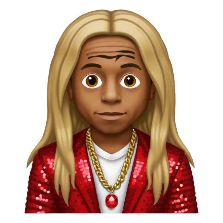 Lil Wayne with long dark blonde hair, red sequin outfit sticker