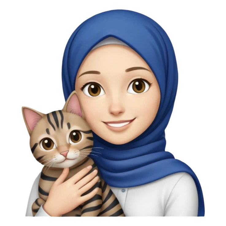 White girl wearing dark blue hijab with white shirt smiling while holding a black stripes tabby cat sticker