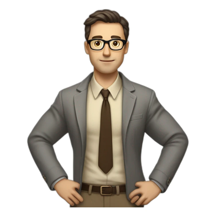 Full height Actively gesturing with hands Pale skinned fit man with dark brown hair in gray jacket, beige office shirt, brown tie, brown pants and vintage glasses. sticker