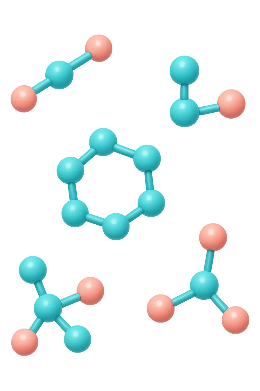 emoji 3d stile iphone di cinque molecole chimiche turchesi e rosa salmone che fluttuano in aria 3d sticker