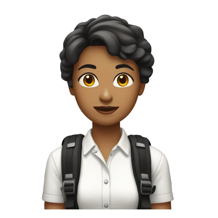 woman short hair with back pack white shirt black pants sticker