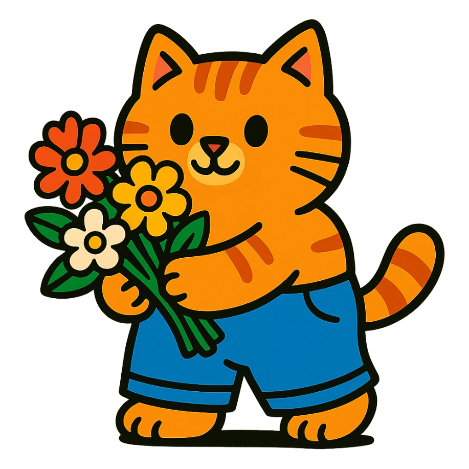 a chubby kitten in pants with a bouquet of flowers sticker
