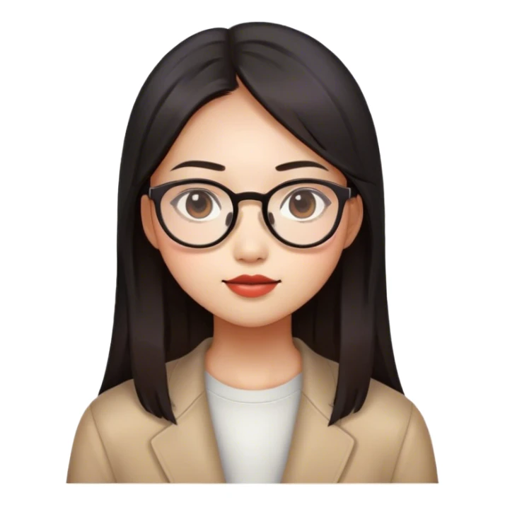 Asian girl, round face, long straight black brown hair with gradient red brown in the end, wear glasses sticker