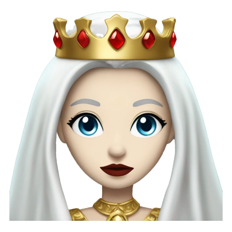Queen with pale white skin, evil stare, icy blue eyes, bright red lips, long black hair, gold crown, and white robes. sticker