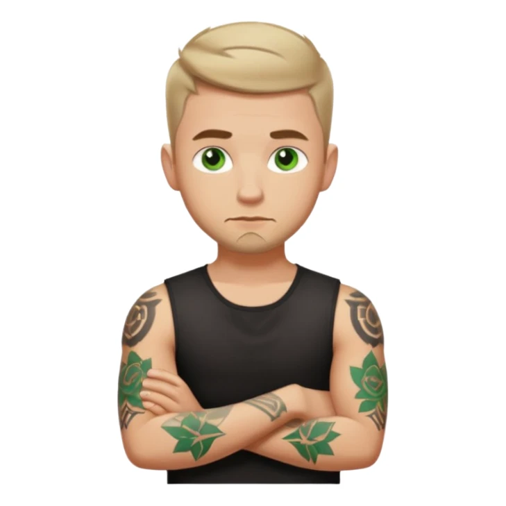 White young man with short dark taper fade hair cut and slight goatee and neutral expression with his arms folded. Green eyes and arm tattoos sticker