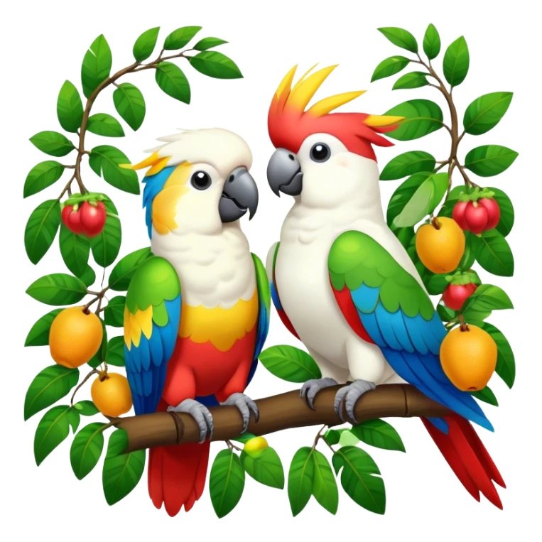 Close-up of colorful parrots Ara and Cockatoo Inca perched on tree branches, surrounded by lush greenery. Bright, vivid feathers contrast with the natural background of trees, leaves, fruits. Soft natural light, enhancing vibrant colors. Transparent background. sticker