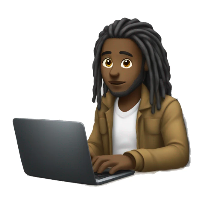 Black-guy-with-dreads-wearing-black-trackstuit-sitting-down-on-chair facing-foward-focused-on-laptop-computer- sticker
