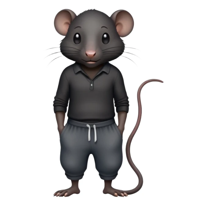 a large, completely black rat, all black, in pants, with a sweaty forehead sticker