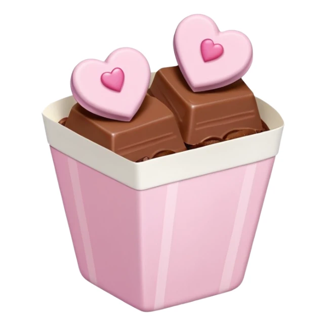 Two glossy square milk chocolate pralines placed diagonally, each in a white ridged paper cup, topped with a soft pastel pink heart icing with subtle sugar sparkle.
Cute minimal emoji-style, realistic and polished, clean studio lighting, pure white background, smooth 3D render, high resolution. sticker