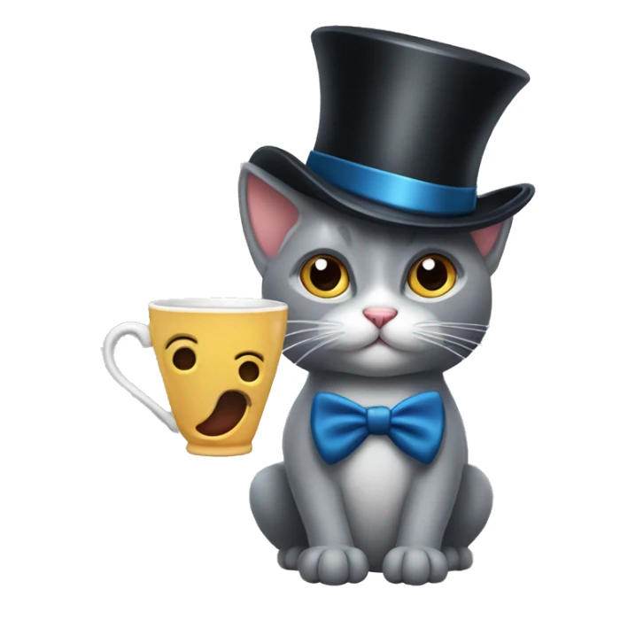 A surprised grey cat with a mustache and a top hat, a cup tea with big surprised eyes, an Englishman  sticker