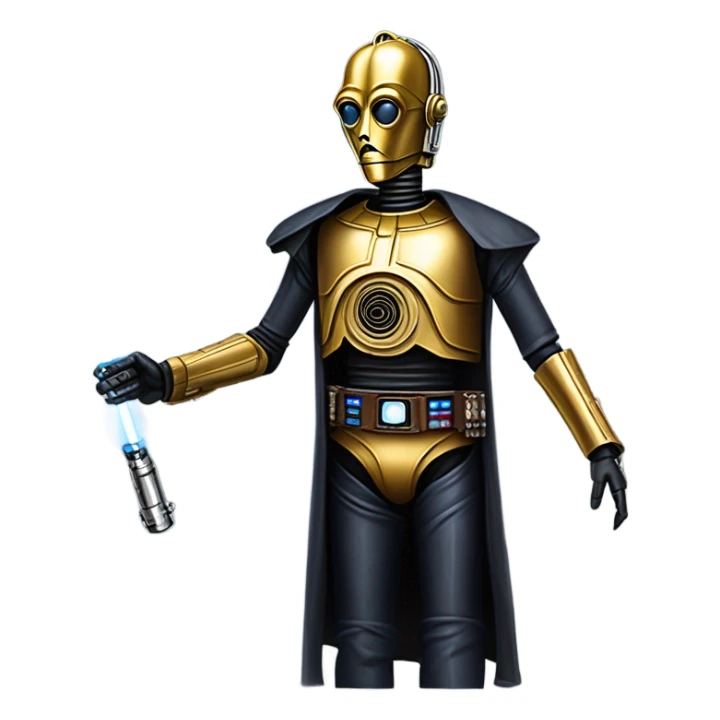 undercover tough well-equipped jedi first order life-sized darkblue-pearl C3po as a friendly bounty hunter droid wearing a leather clothing old west duster coat holding light saber sticker