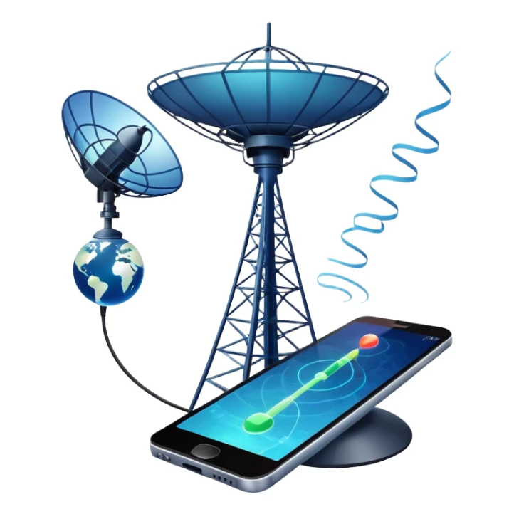 An icon featuring a satellite dish, a cell tower emitting signals, and a smartphone displaying a chat interface. The design includes fiber-optic cables and data waves, symbolizing global communication, connectivity, and information exchange. Transparent background. sticker