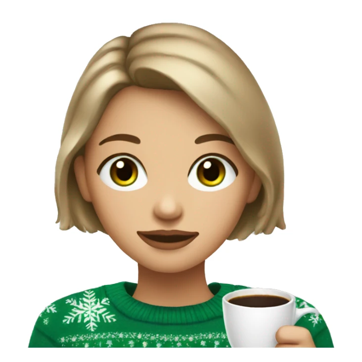 Light brown short haired girl with green eyes drinking coffee wearing blue Christmas sweater sticker