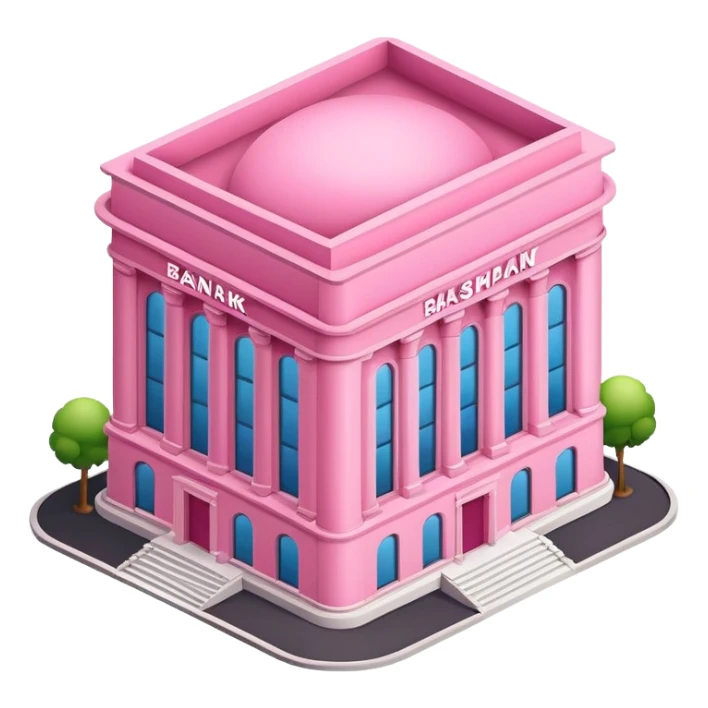 isometric style large pink building or bank with tall rectangular windows and round groundplan, emoji style sticker
