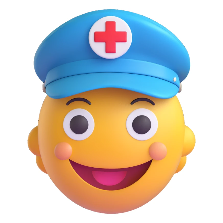 3D smiley emoji, round shape, paramedic hat, smiling face sticker