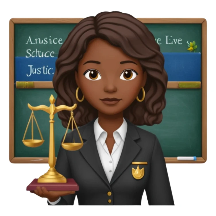 Black teacher/professor looking like the fictional character Annalise Keating from How To Get Away With Murder, holding a statue of justice and with a school black board in the background sticker