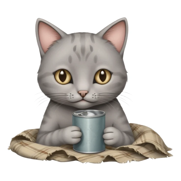 A thin grey cat curled on an old blanket, holding a tiny tin cup with its paws while looking shy but sweet.
 sticker