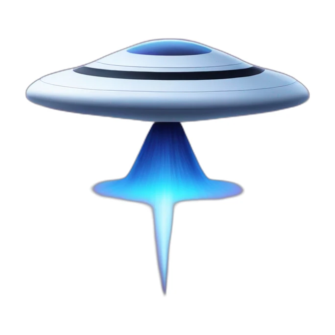 A simple flying object resembling a UFO with a blue trail behind and violet windows sticker