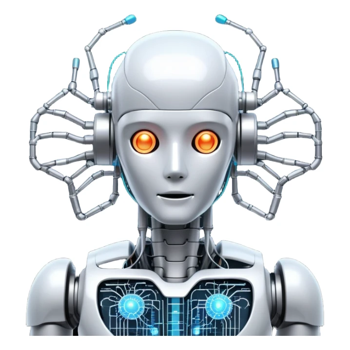 An icon featuring a humanoid robot, a neural network diagram, and a glowing brain, symbolizing artificial intelligence. The design includes binary code, a microchip, and data flow lines, representing machine learning, automation, and innovation. Transparent background sticker