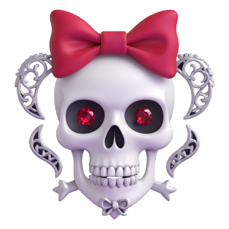 3D emoji gothic bow, black velvet, silver skull charm, deep red gemstone, ornate and dark sticker