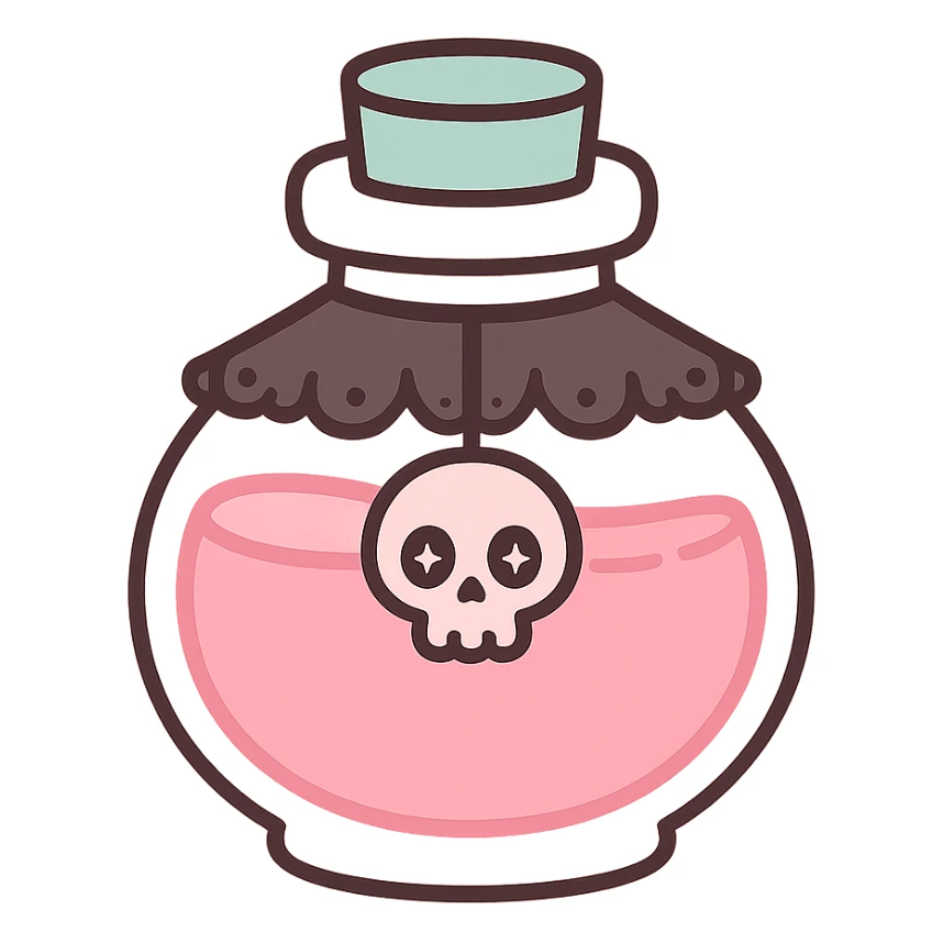 a pink potion bottle with gothic decorations, black lace, and a skull motif sticker
