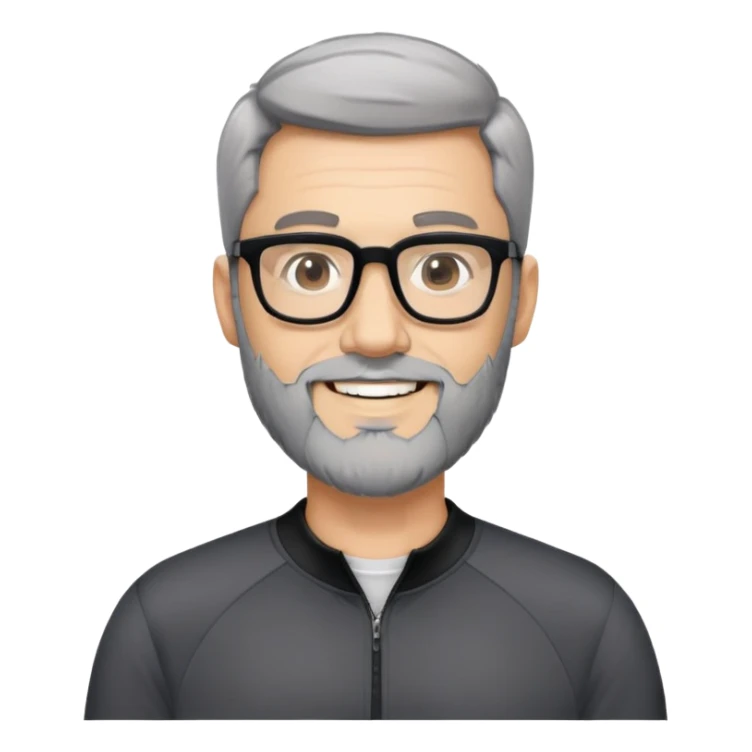 Light-skinned man with short black hair styled upwards, full short graying beard, smiling, wearing large black-framed glasses and a black long-sleeve sports shirt with zip at the neck sticker