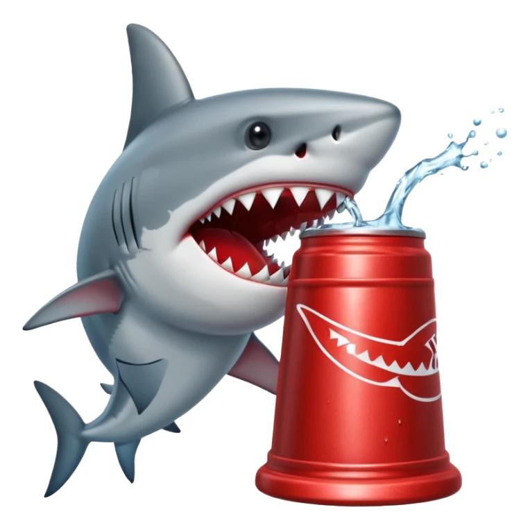 Shark drinking from his huge Red Stanley cup sticker