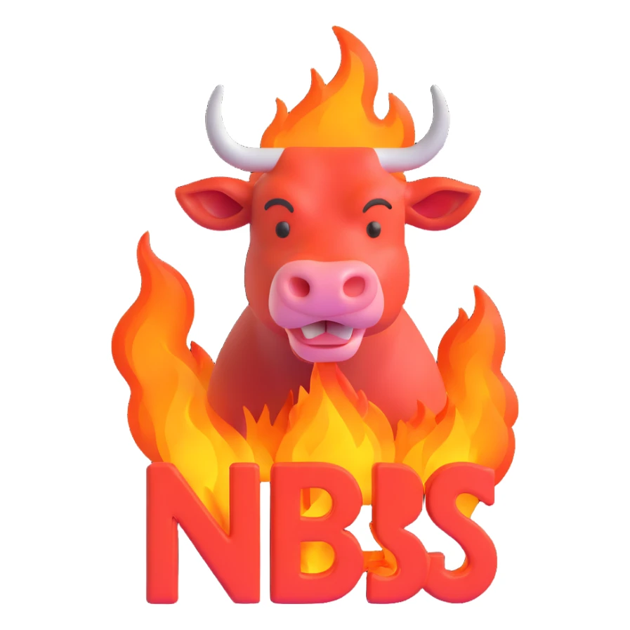 bold text 'NBS' in front of a strong 3D bull, both outlined in fire, designed as a Discord emoji sticker