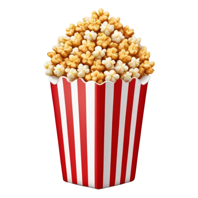 caramel popcorn in a large red and white vertically striped package, thick bold stripes, golden brown caramel popcorn, minimalist design, no text or additional elements on package, only thick red and white stripes pattern, glossy iOS emoji style sticker