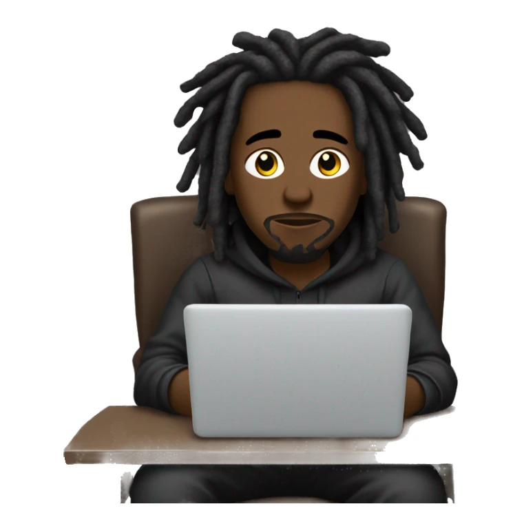 Black-guy-with-dreads-wearing-black-trackstuit-sitting-down-on-chair facing-foward-focused-on-laptop-computer- sticker