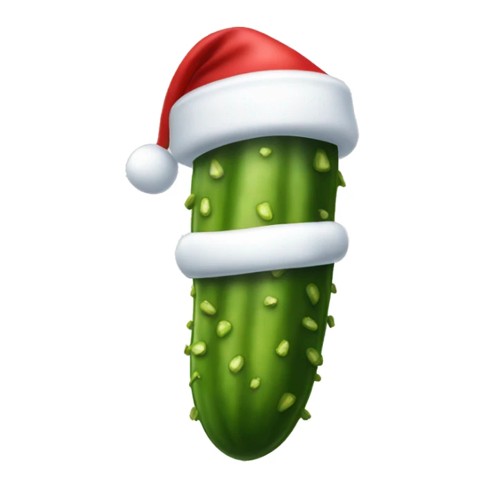 A big Christmas dill pickle wearing a Santa hat sticker