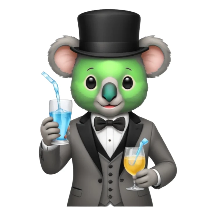 koala wearing suit, bowtie and top hat, holding glass of water sticker
