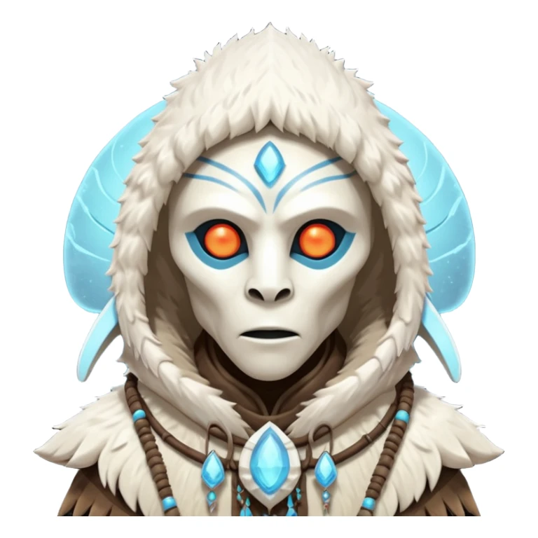 ancient arctic alien shaman portrait, head and shoulders only, Inuit-inspired fur hood, carved bone ornaments, glowing cosmic eyes, icy alien skin, spiritual sci-fi vibe, 3D cartoon, mobile game icon style, clean background, no text, no watermark


 sticker