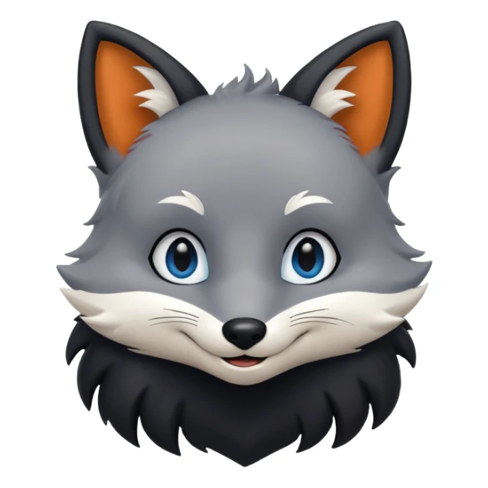Grey anthropomorphic furry fox with a black coat, blue eyes, and a small fringe of black hair, smiling sticker
